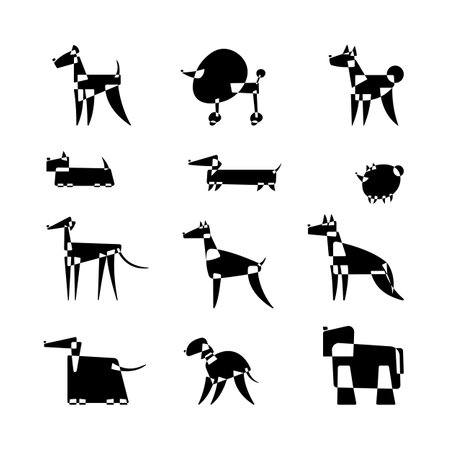Dog silhouettes. Set of dog breeds. Icon template. Avantgarde graphic style. Black and white vector Illustration on a white background.のイラスト素材