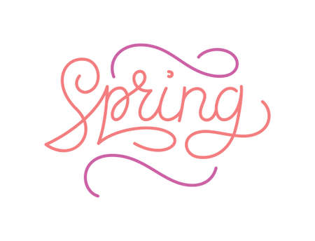 Spring monoline lettering greeting card springtime typography poster in green color vector illustration. Spring time handmade calligraphic text quoteのイラスト素材