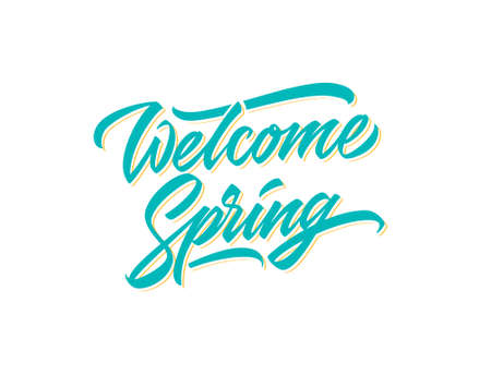 Welcome Spring lettering greeting card springtime typography poster in green color vector illustration. Spring time handmade calligraphic text quoteのイラスト素材