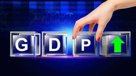 GDP UP letter written on glass cubeの写真素材