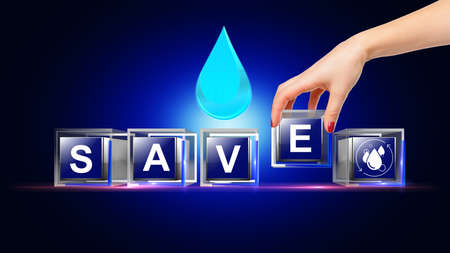 Save water Letter  written on glass cubeの写真素材
