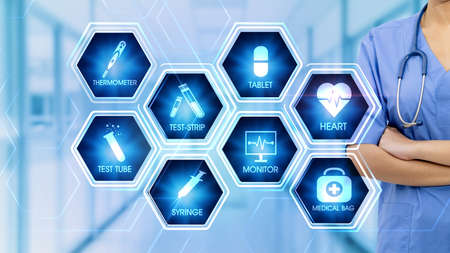 Medical Hexagonal Touch Screen Concept Hexagonal virtual Touch Screen Concept with v man touching screen with finger and light streakの写真素材