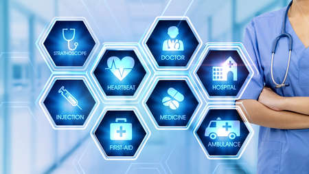 Medical Hexagonal Touch Screen Concept Hexagonal virtual Touch Screen Concept with v man touching...