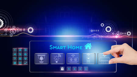 Smart Home Concept with glass touch panel and rotating 3d house in wireframeの写真素材