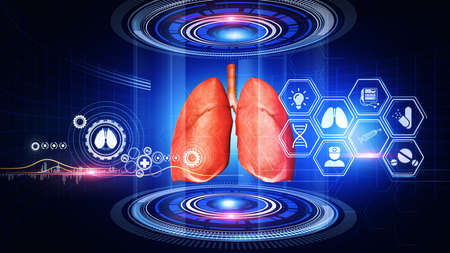 Human lungs on blue background with medical icons. Health care concept.