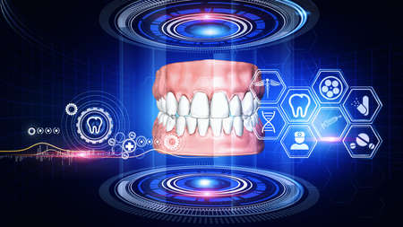 Digital illustration of human jaw with teeth and orthodontics icons on blue backgroundの写真素材