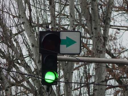 Road signs indicating the direction of movement of cars and pedestriansの写真素材