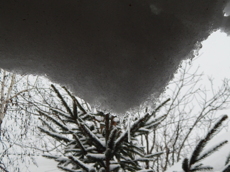 Winter icicles hang from the roof of the buildingの写真素材