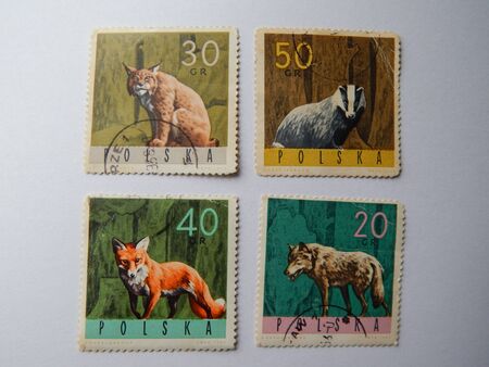 KIEV, UKRAINE - APRIL 16, 2019: Collection of postage stamps with animals.のeditorial素材