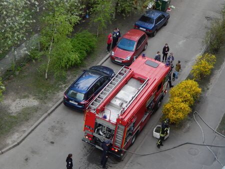 KIEV, UKRAINE - APRIL 22, 2019. The work of firefighters to extinguish the fire hydrants