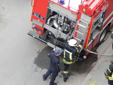 KIEV, UKRAINE - APRIL 22, 2019. The work of firefighters to extinguish the fire hydrants