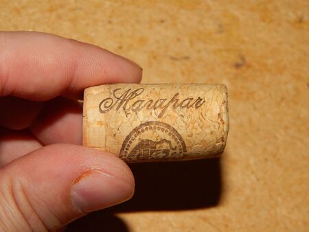 KIEV, UKRAINE - MAY 2, 2019: Collection of wine and champagne bottle corks from woodのeditorial素材