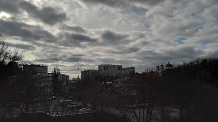 KIEV, UKRAINE - FEBRUARY 3, 2020: Central street of Khreschatyk city architecture and the transportのeditorial素材
