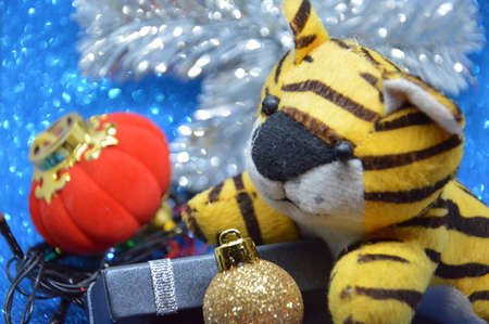 Composition of new year and christmas toys on a the background of the holidayの写真素材
