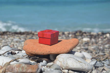 Red gift box on the background of a the sea coast