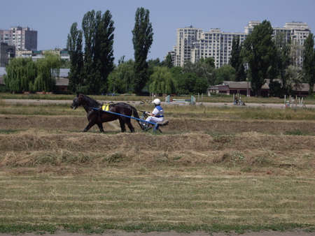 KIEV, UKRAINE - JUNE 19, 2022: Opening of the summer season at the hippodrome and the first races of the French trotter horsesのeditorial素材