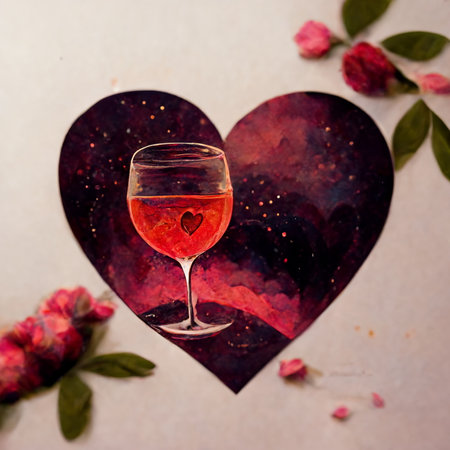 Gift for Valentine's Day in the form of a heart and a glass of wineの写真素材