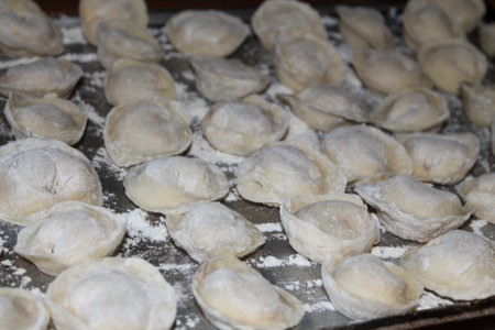 Homemade dumplings molded by hand meat in the doughの写真素材
