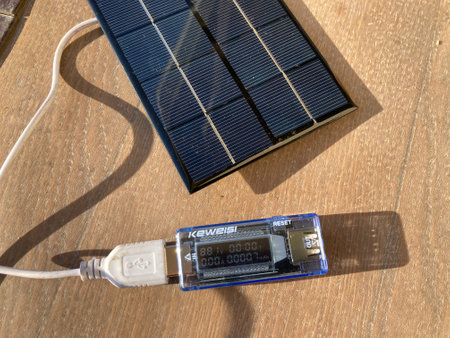 KYIV, UKRAINE - June 1, 2024: Solar panel for the charging gadgetsのeditorial素材
