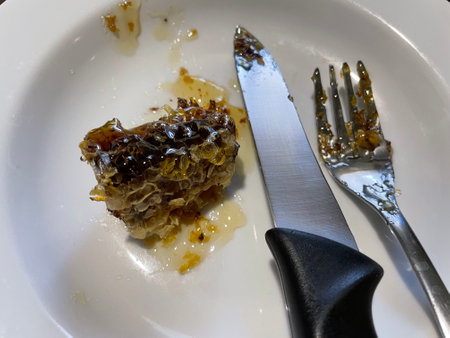 A honeycomb filled with honey is shown on a plate with a knife and fork.