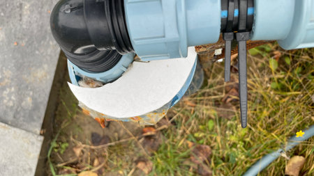 Plastic and metal garden hose fittings used for watering a vegetable gardenの写真素材