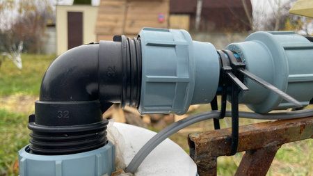 Plastic and metal garden hose fittings used for watering a vegetable garden