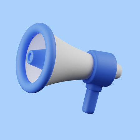 3d megaphone icon on light blue background. 3d render illustration. Perfect for website or application design.の写真素材