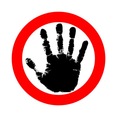 Symbol or sign stop. Red stamp with black hand. Abstract icon no movement allowed. Vector flat style illustration isolated on white backgroundのイラスト素材