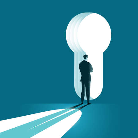 Businessman standing in front of a keyhole and looking for a solution. Business concept vector illustrationのイラスト素材