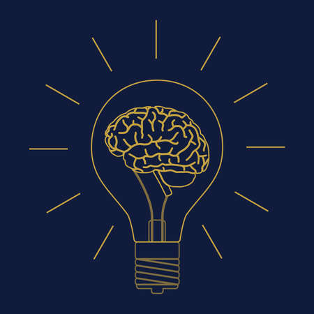 Light bulb with brain in the darkness as symbol creative idea. Brainstorm startup. Invention and...