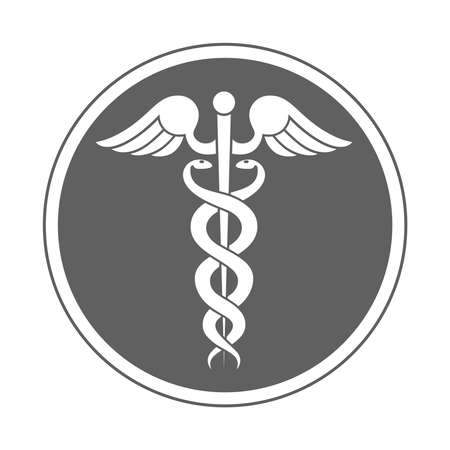 Modern sign of the caduceus. Symbol of medicine. The wand of Hermes with wings and two crossed snakes. Icon isolated on a white background. Vector illustrationのイラスト素材