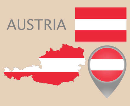 Colorful flag, map pointer and map of Austria in the colors of the Austrian flag. High detail. Vector illustrationのイラスト素材