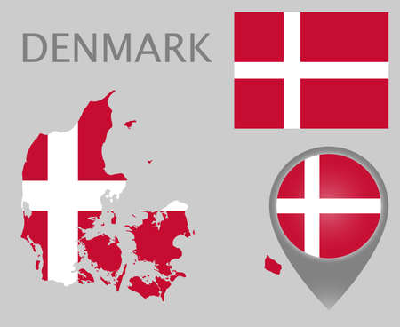 Colorful flag, map pointer and map of Denmark in the colors of the danish flag. High detail. Vector illustrationのイラスト素材