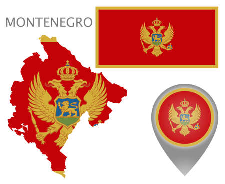 Colorful flag, map pointer and map of Montenegro in the colors of the Montenegro flag. High detail. Vector illustrationのイラスト素材