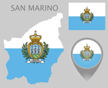 Colorful flag, coat of arms, map pointer and map of San Marino in the colors of the San Marino flag. High detail. Vector illustrationのイラスト素材