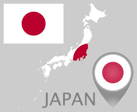 Colorful flag, map pointer and map of Japan in the colors of the Japanese flag. High detail. Vector illustrationのイラスト素材