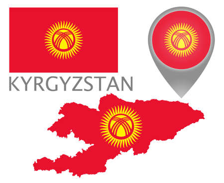 Colorful flag, map pointer and map of Kyrgyzstan in the colors of the kyrgyz flag. High detail. Vector illustrationのイラスト素材
