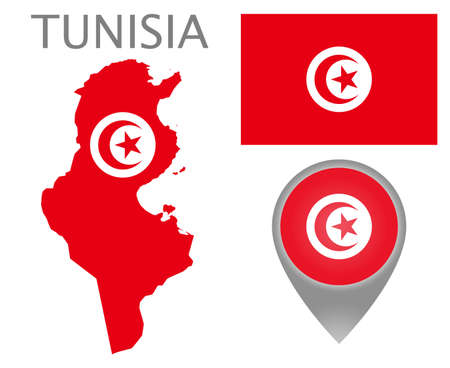 Colorful flag, map pointer and map of Tunisia in the colors of the Tunisian flag. High detail. Vector illustrationのイラスト素材