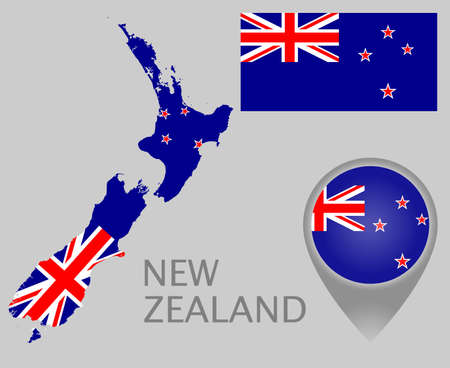 Colorful flag, map pointer and map of New Zealand in the colors of the New Zealandian flag. High detail. Vector illustrationのイラスト素材