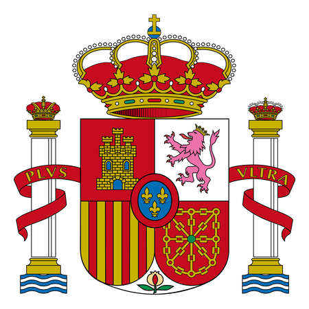 Accurate coat of arms of Spain. Colorful symbol isolated on white background. Spain flag and coat of arms. Detailed sign vector illustrationのイラスト素材