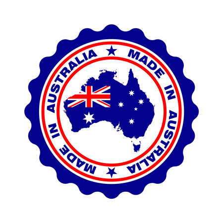 Stamp with text "Made In Australia". Seal with map of Australia in color australian flag. Logo quality. Icon premium quality. Label. Vector illustrationのイラスト素材