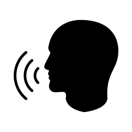 Icon talking head with sound waves. Sign speaking man. Black symbol head  silhouette isolated on white background. Vector illustrationのイラスト素材