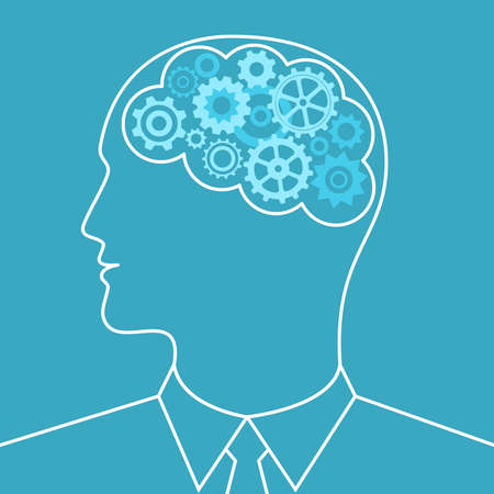 Head businessman with gears in brain. Human head thinking. Business concept. Vector illustration.のイラスト素材
