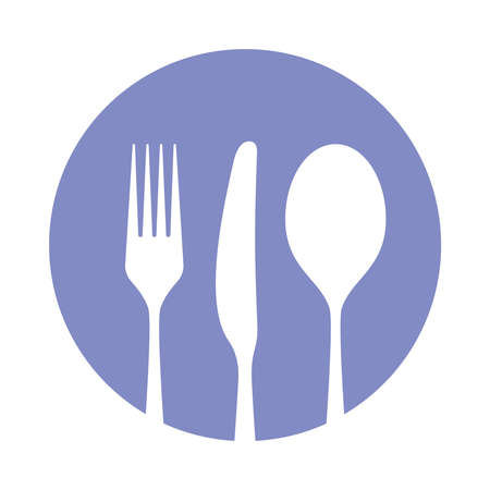 Tableware icon. Sign spoon, fork and knife in the circle. Isolated image on white background. Symbol serving table. Vector illustration.のイラスト素材