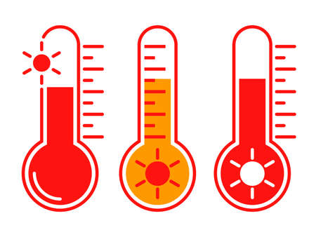 Icons hot temperature. Signs thermometers with hot weather. Isolated symbols on white background....