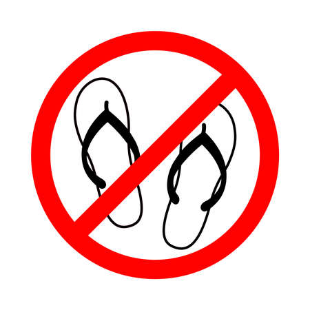 Warning banner no open footwear. Not allowed flip flops symbol. Ban slippers red prohibition sign isolated on white background. Vector illustrationのイラスト素材