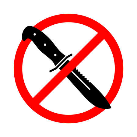 Cold weapons are prohibited icon. Knives are banned. Knife in the red prohibition sign isolated symbol on white background. Vector illustrationのイラスト素材