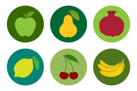 Fruits icons set. Fruits signs in the circle isolated on white background. Symbols: apple, pear, lemon, cherry, pomegranate, banana. Vector illustrationのイラスト素材