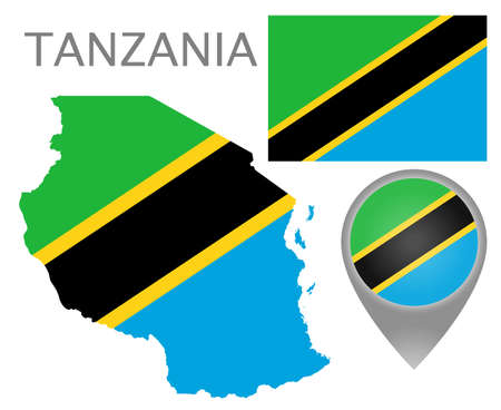 Colorful flag, map pointer and map of Tanzania in the colors of the tanzanian flag. High detail. Vector illustrationのイラスト素材