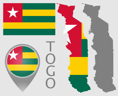 Colorful flag, map pointer, map of Togo in the colors of the togolese flag and blank map. High detail. Vector illustrationのイラスト素材